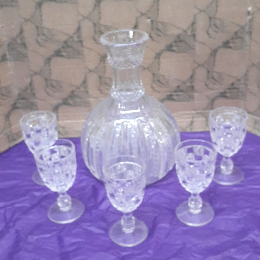 Duncan & Miller #42 Mardi Gras Water Wine Decanter and set of 5 goblets.